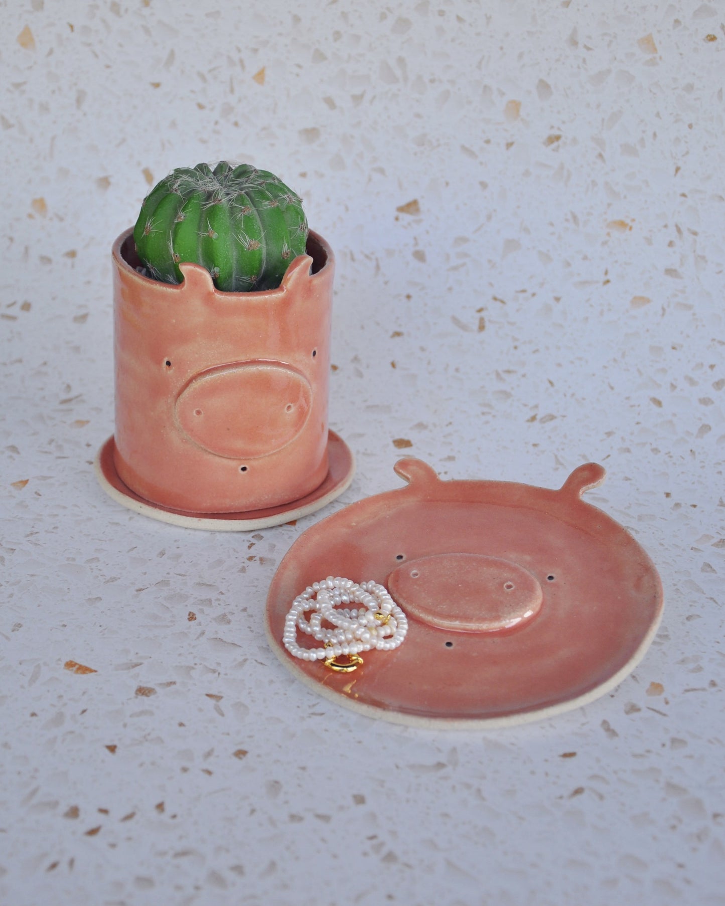 Pig planter with succulent, handmade stoneware planter and saucer, unique design, perfect for home decor.