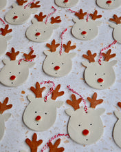 Load image into Gallery viewer, Rudolph Reindeers - Pack of 3, handmade stoneware Christmas decorations featuring cute reindeer faces.