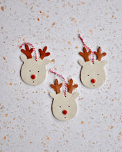 Load image into Gallery viewer, Rudolph Reindeers - Pack of 3 handmade stoneware Christmas decorations for tree or gift tags.