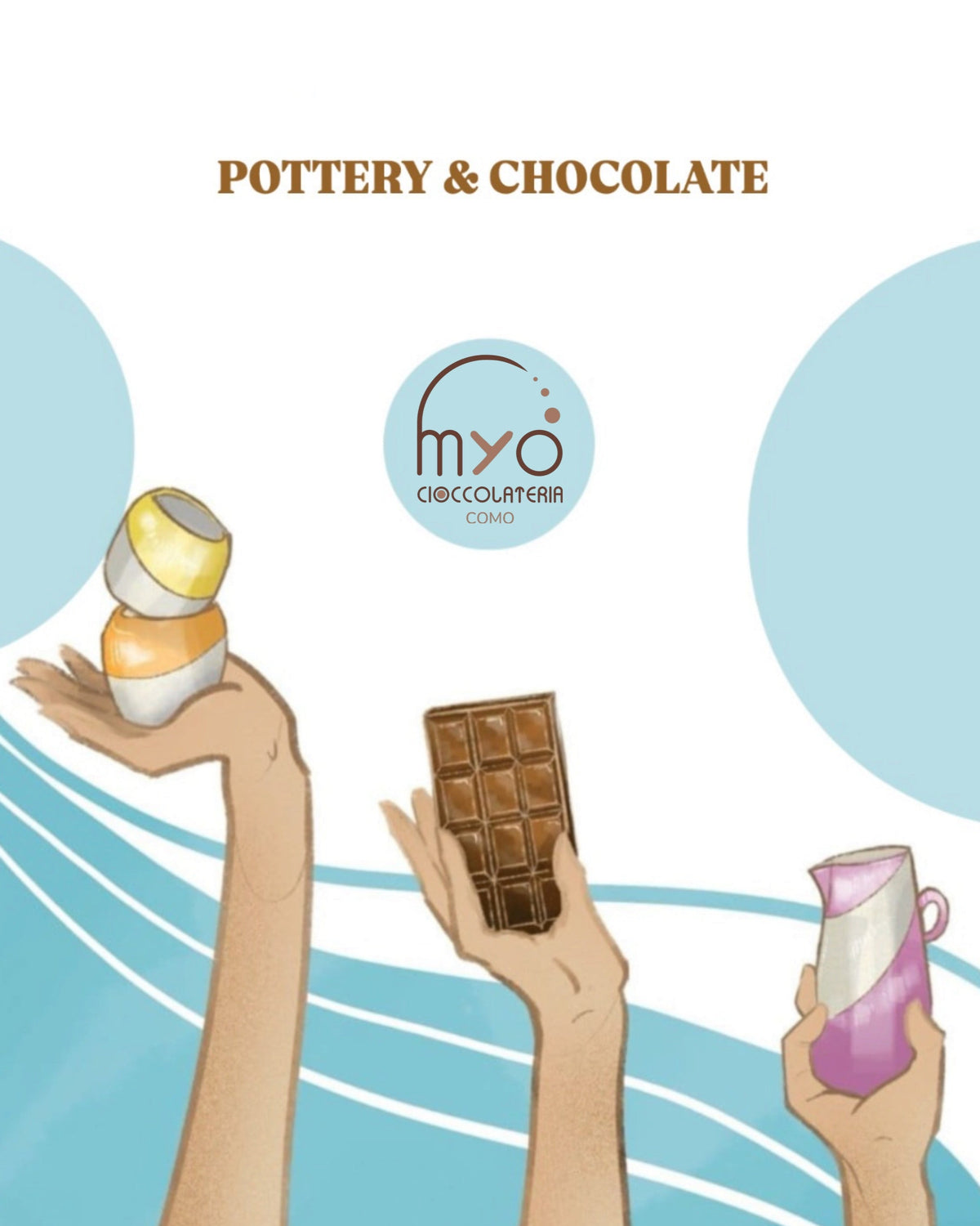 A graphic featuring a pottery and chocolate workshop
