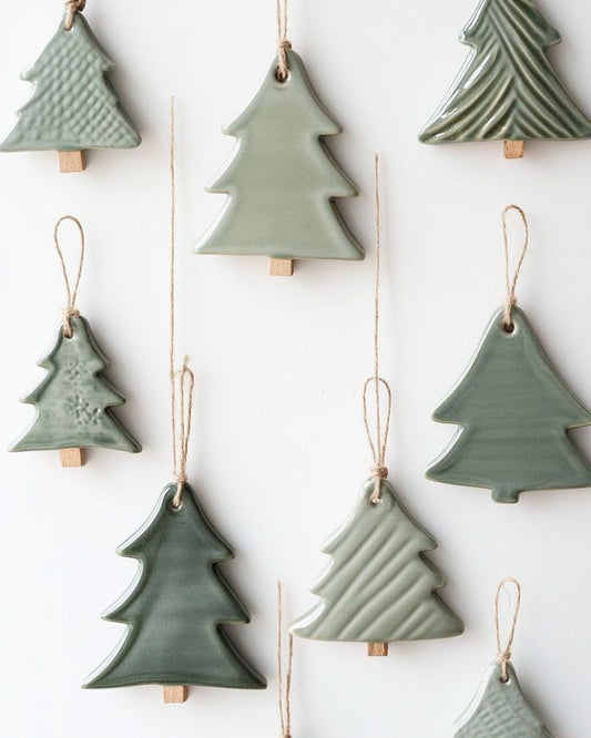 A set of hanging ceramic Christmas tree ornaments in muted sage green and gray-green tones, suspended by thin twine with small wooden tags below each tree, arranged against a plain white background.