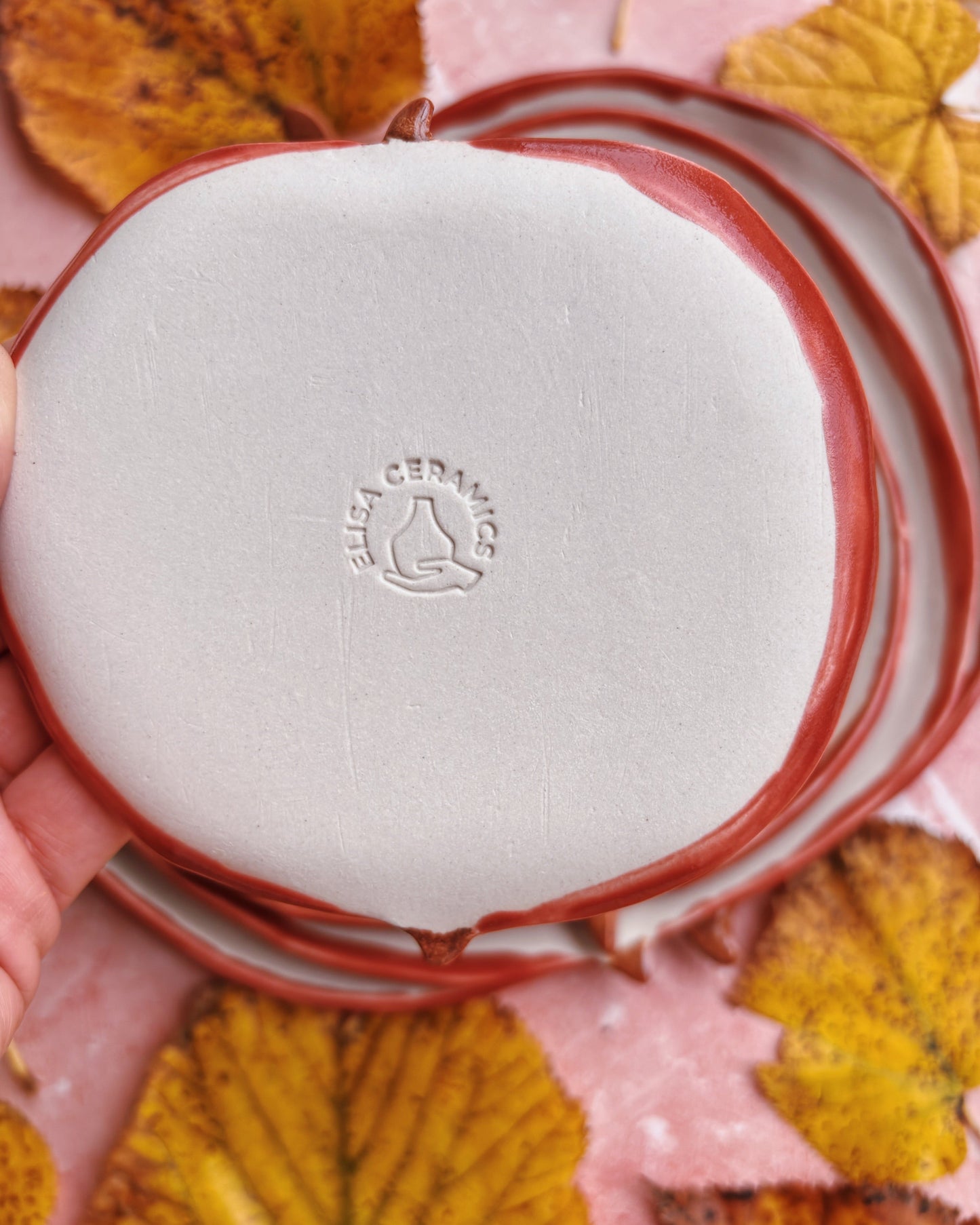 Apple Aperitivo Set handmade stoneware plate with distinctive red edge on a background of autumn leaves.