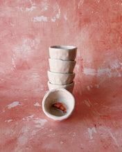 Load image into Gallery viewer, Croissant Espresso Mugs - Set of 6, handmade stoneware mugs stacked with one showing inside.
