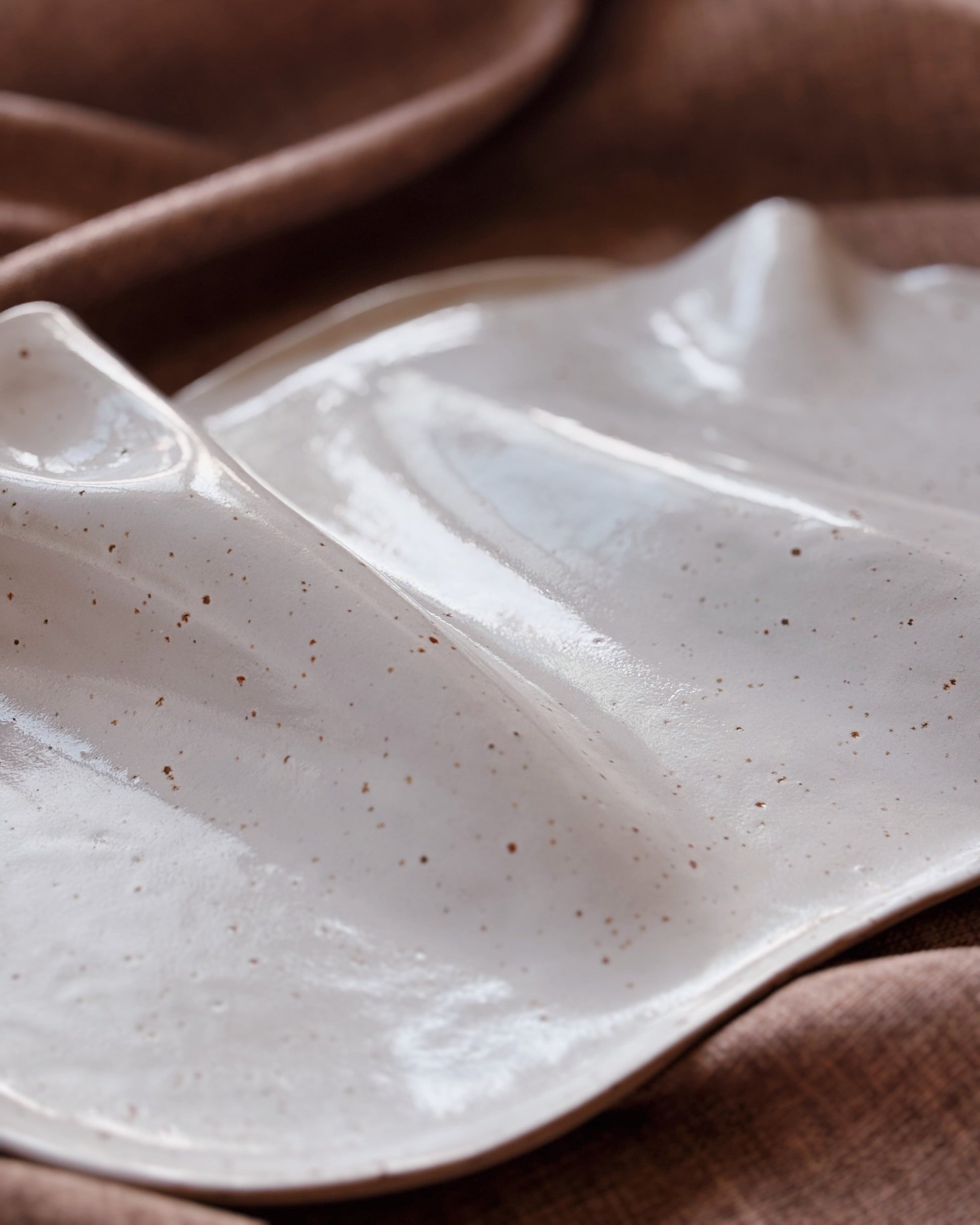 Close-up of a ceramic dish with speckled texture on a brown fabric background
