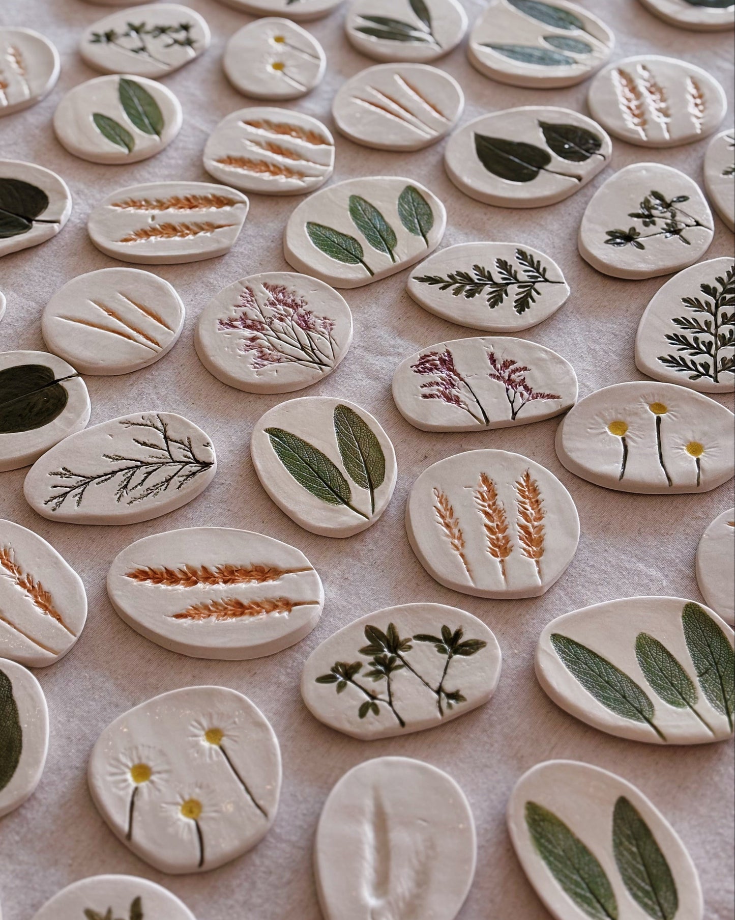 Collection of small ceramic tiles with botanical designs on a light surface.