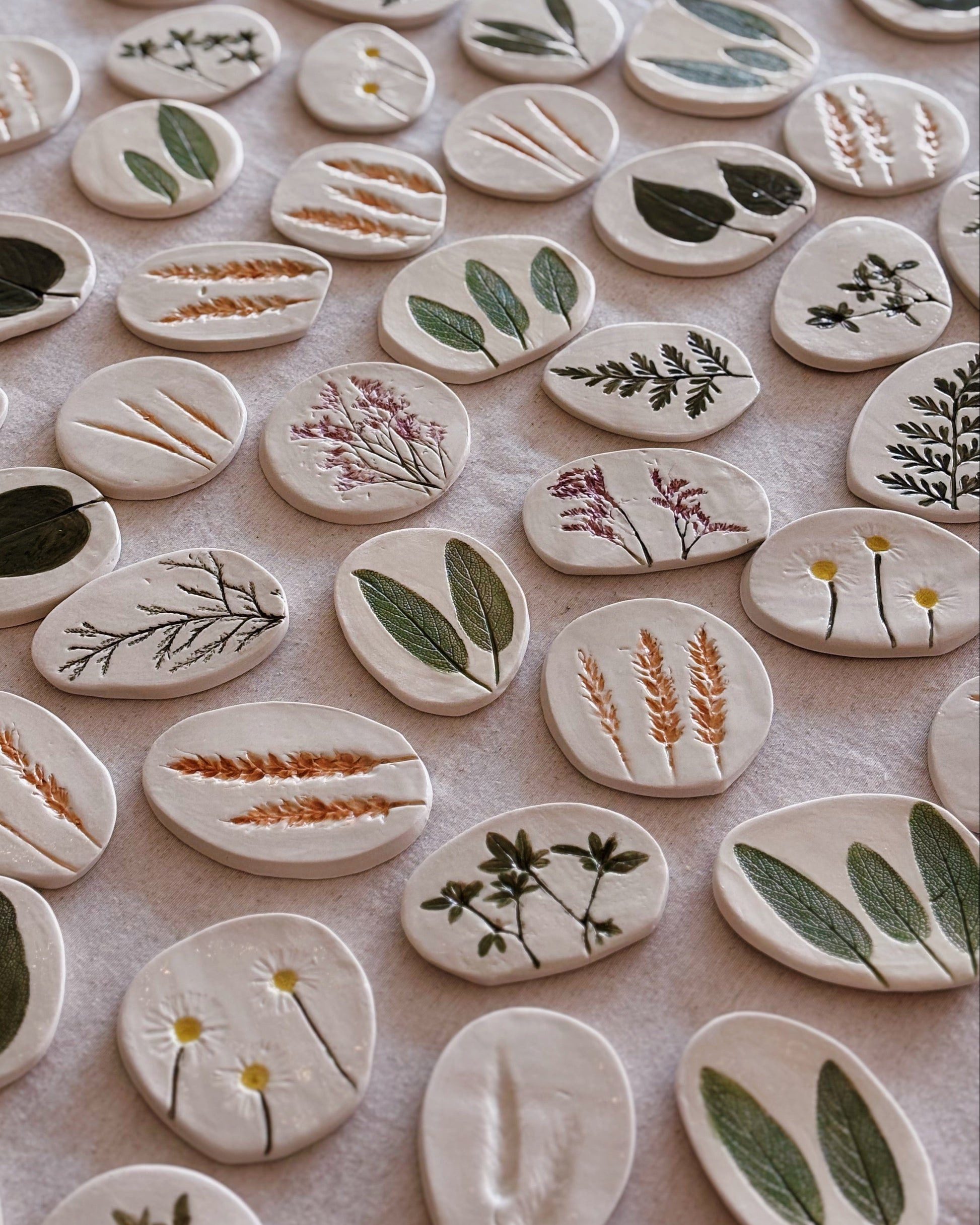 Collection of small ceramic tiles with botanical designs on a light surface.