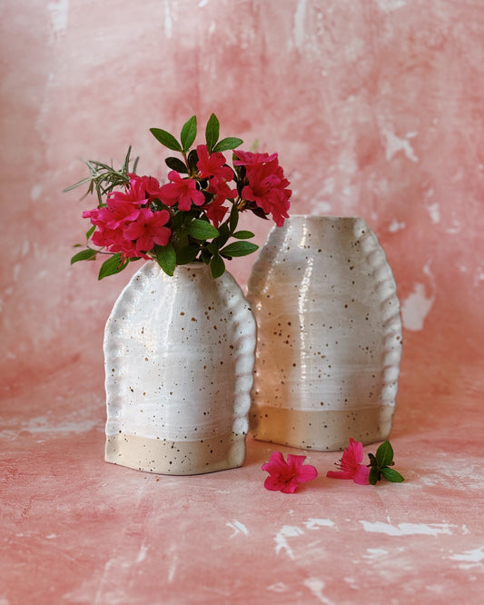 Two ceramic vases with speckled texture on a pink background
