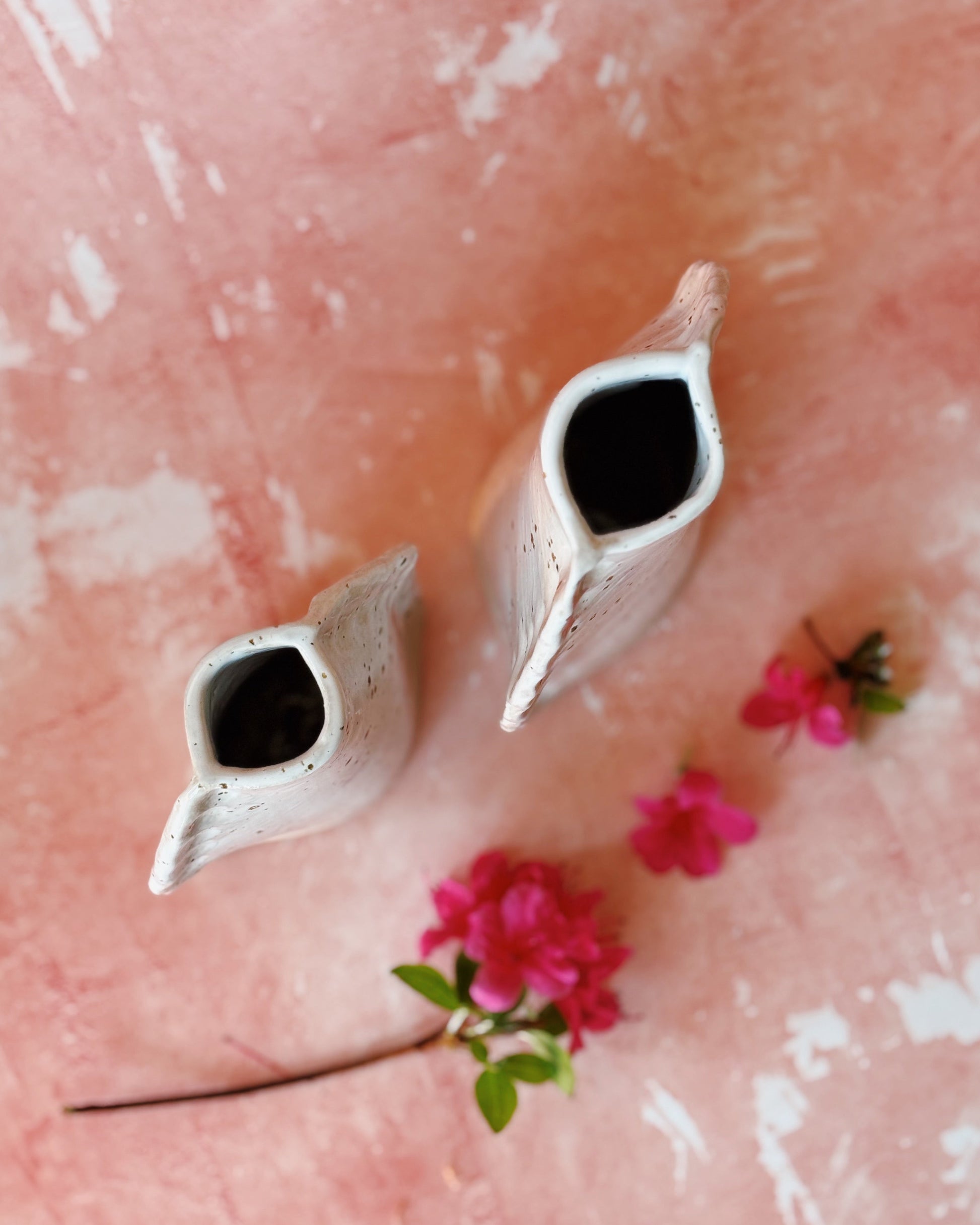 Topsof 2 flower vases on a pink background