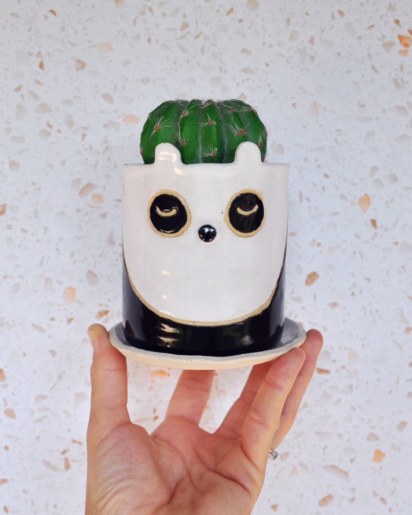 Panda Planter holding a cute cactus, handmade stoneware with drainage and saucer.