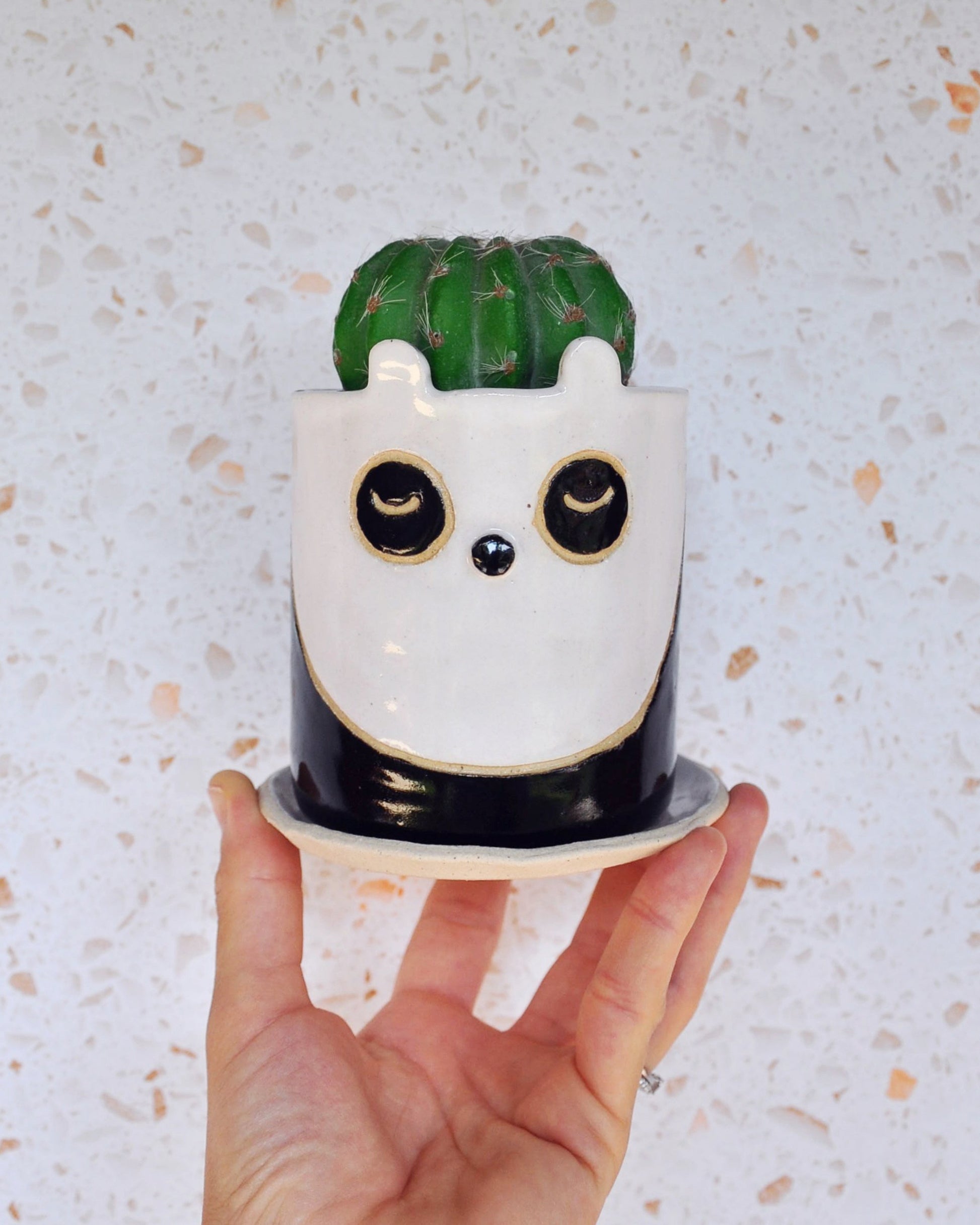Panda Planter holding a cute cactus, handmade stoneware with drainage and saucer.