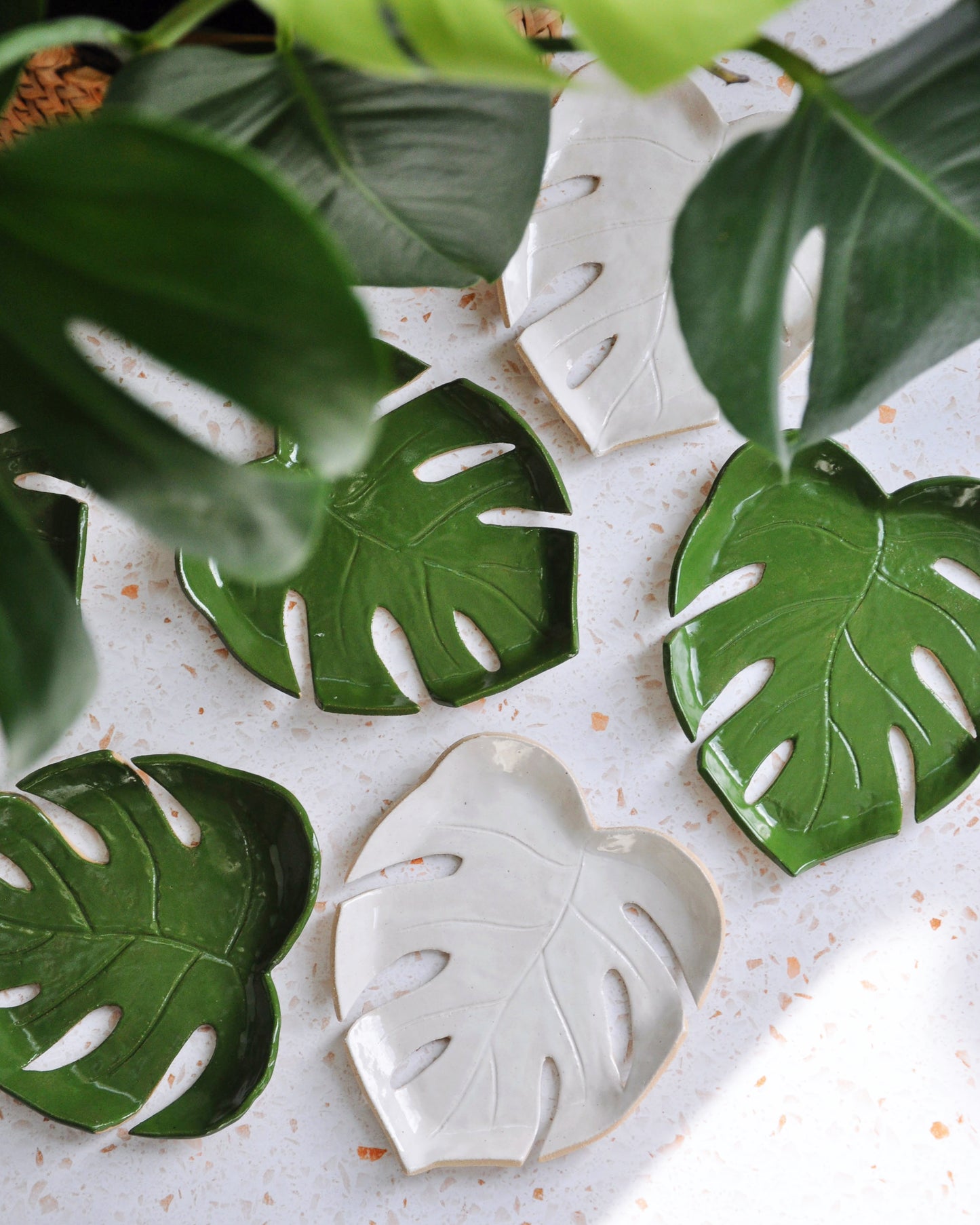Monstera Leaf Plate collection, handmade stoneware plates in green and white, perfect for jewelry or keys.